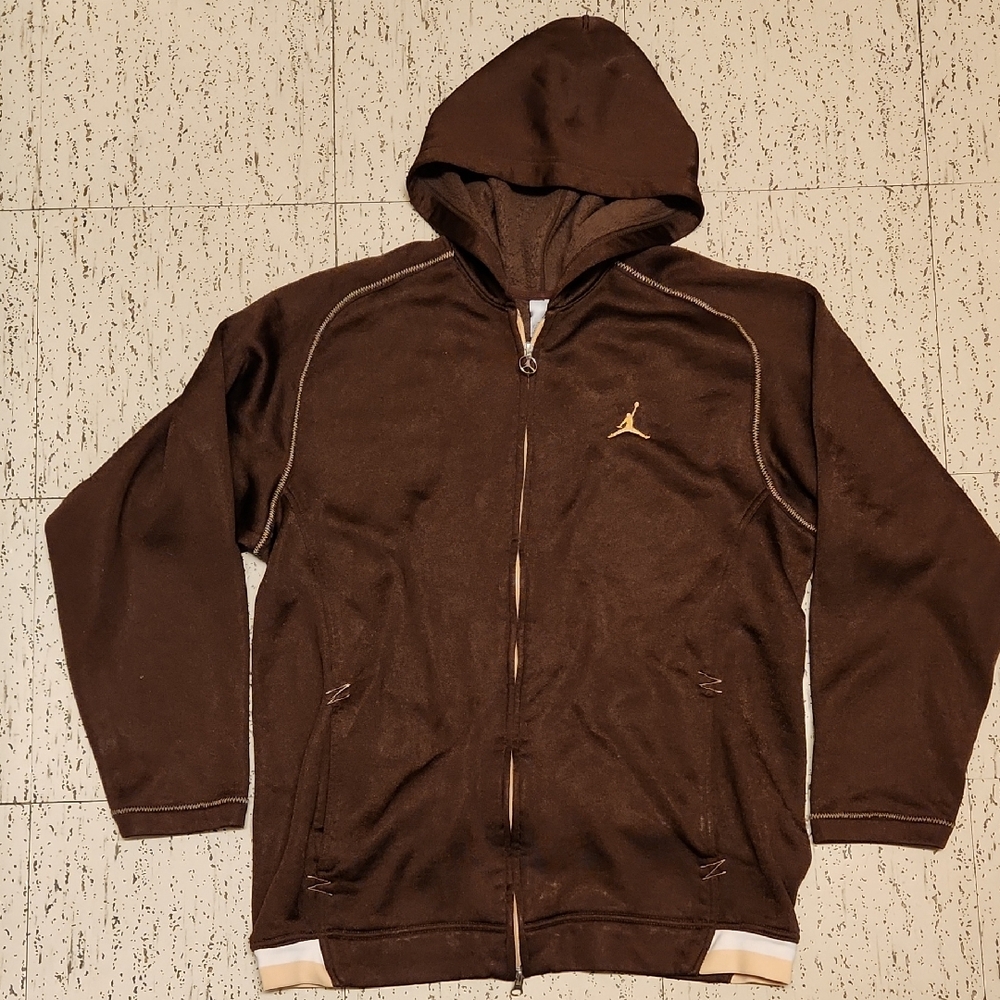 Air Jordan Embroidered Jumpman Logo Full Zip Sweater Vintage Y2K Brown And Gold